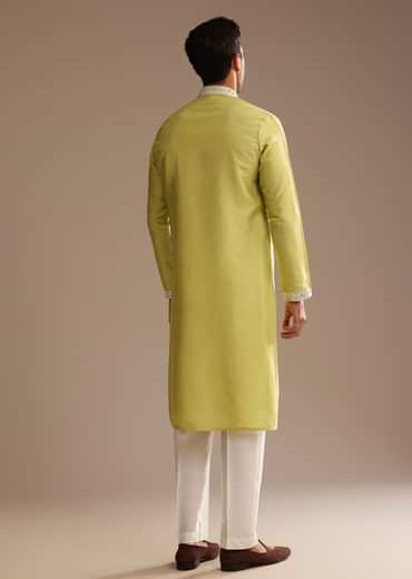 Yellow Silk Kurta Set With Yoke Embroidery