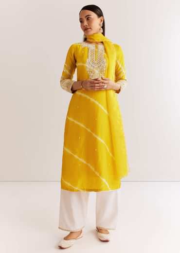 Yellow Silk Leheriya Kurta Set With Moti Work