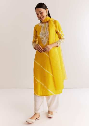 Yellow Silk Leheriya Kurta Set With Moti Work