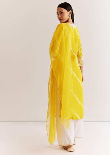 Yellow Silk Leheriya Kurta Set With Moti Work