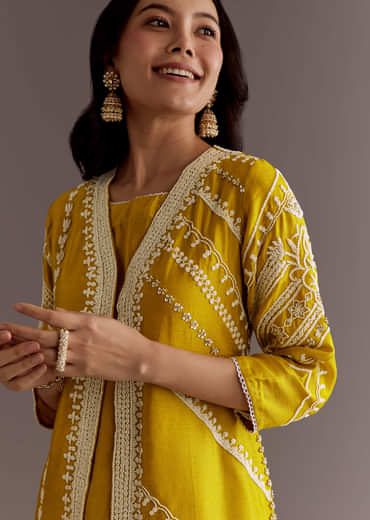 Yellow Silk Moti Sequin Embroidered Jacket Suit