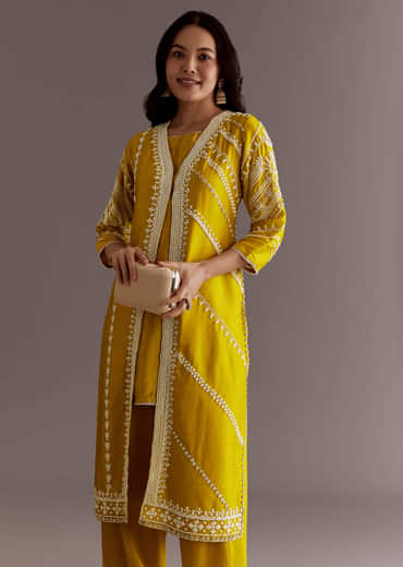Yellow Silk Moti Sequin Embroidered Jacket Suit
