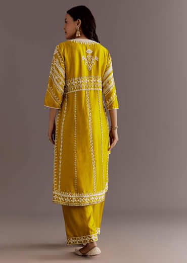 Yellow Silk Moti Sequin Embroidered Jacket Suit