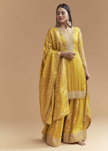 Yellow Silk Palazzo Suit With Hand Embroidery