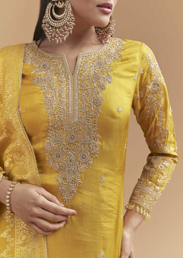 Yellow Silk Palazzo Suit With Hand Embroidery