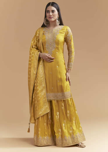Yellow Silk Palazzo Suit With Hand Embroidery