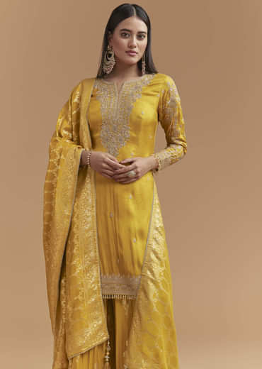 Yellow Silk Palazzo Suit With Hand Embroidery