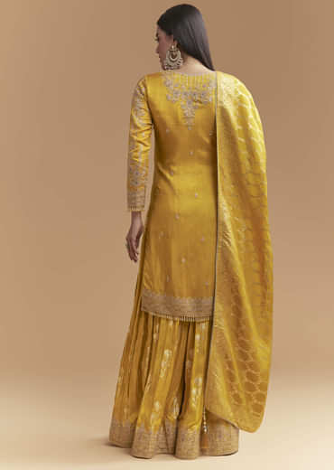 Yellow Silk Palazzo Suit With Hand Embroidery