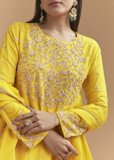 Yellow Silk Palazzo Suit With Sequins Work