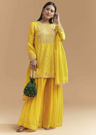 Yellow Silk Palazzo Suit With Sequins Work