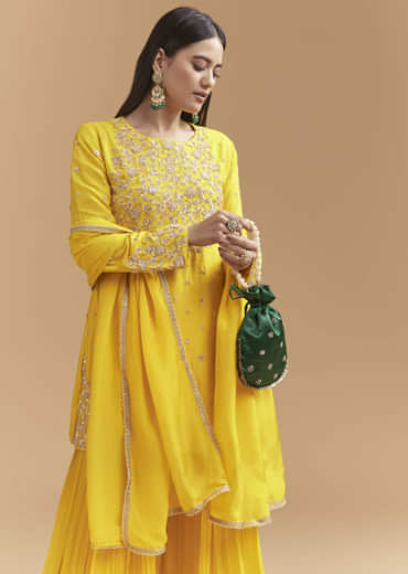 Yellow Silk Palazzo Suit With Sequins Work