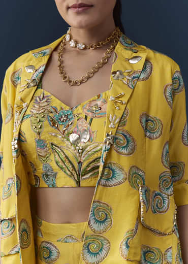 Yellow Silk Shell Print Crop Top Pant Set with Gotta Work