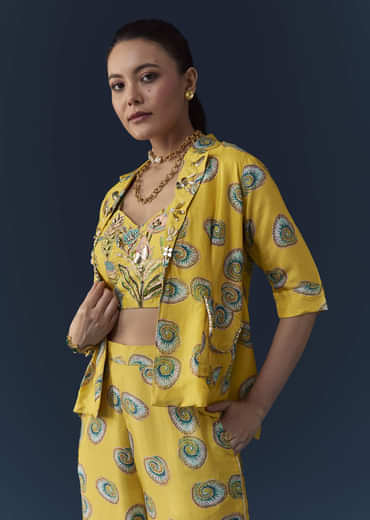 Yellow Silk Shell Print Crop Top Pant Set with Gotta Work