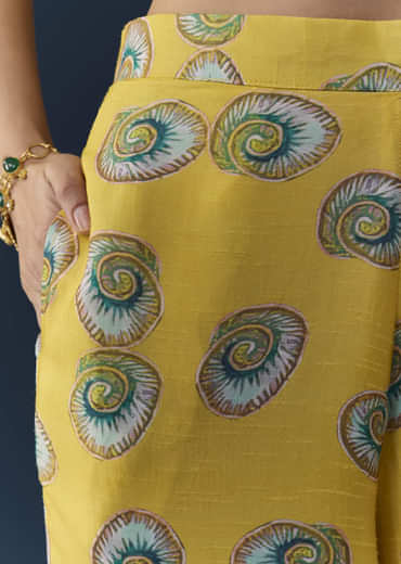 Yellow Silk Shell Print Crop Top Pant Set with Gotta Work