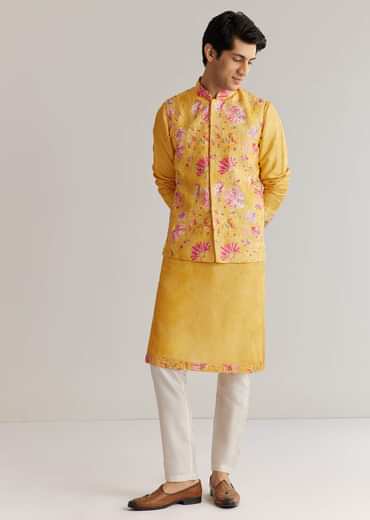 Yellow Silk Stone Sequins Cutdana Kurta Jacket Set