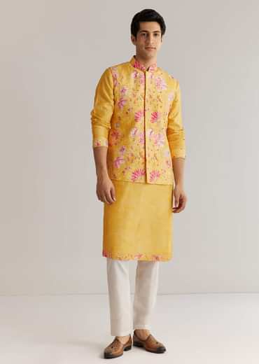 Yellow Silk Stone Sequins Cutdana Kurta Jacket Set