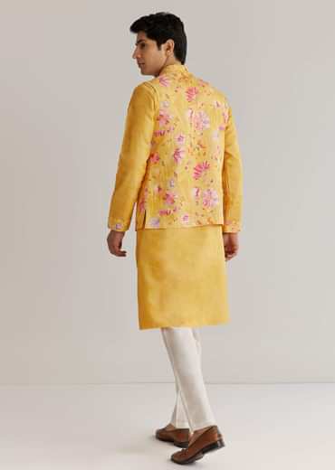 Yellow Silk Stone Sequins Cutdana Kurta Jacket Set