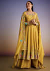 Yellow Tissue Anarkali Set With Resham And Moti Work