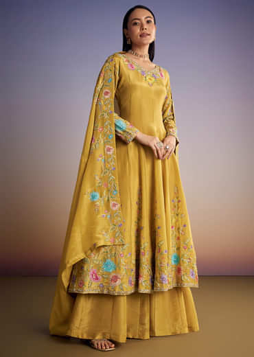 Yellow Tissue Anarkali Set With Resham And Moti Work