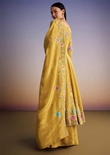Yellow Tissue Anarkali Set With Resham And Moti Work