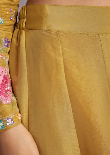 Yellow Tissue Anarkali Set With Resham And Moti Work