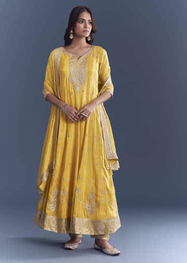 Yellow Tissue Anarkali Suit With Sequins And Zari Work