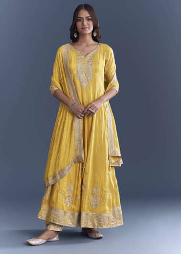 Yellow Tissue Anarkali Suit With Sequins And Zari Work