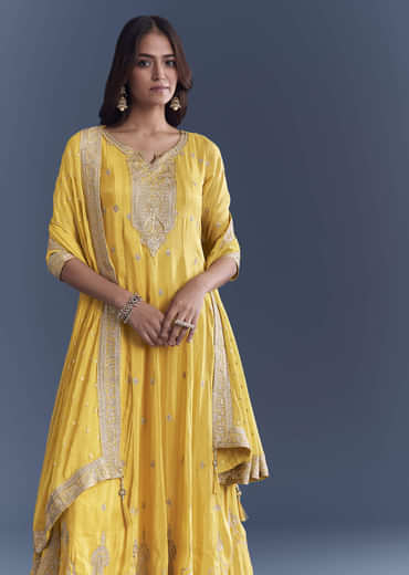 Yellow Tissue Anarkali Suit With Sequins And Zari Work