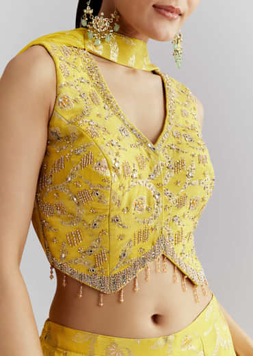Yellow Tissue Crop Top And Palazzo Pant Set With Embroidery