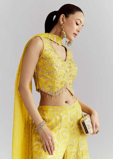 Yellow Tissue Crop Top And Palazzo Pant Set With Embroidery