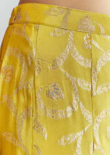 Yellow Tissue Crop Top And Palazzo Pant Set With Embroidery