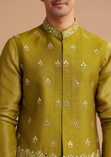 Yellow Tissue Kurta Jacket Set With Resham And Mirror Embroidery