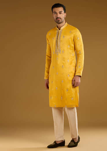 Yellow Tissue Kurta Set For Men With Zari And Sequins Work
