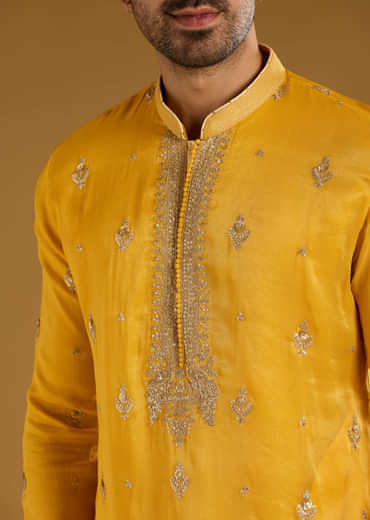 Yellow Tissue Kurta Set For Men With Zari And Sequins Work