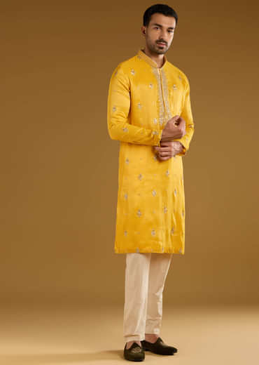 Yellow Tissue Kurta Set For Men With Zari And Sequins Work