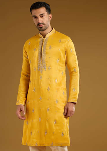 Yellow Tissue Kurta Set For Men With Zari And Sequins Work