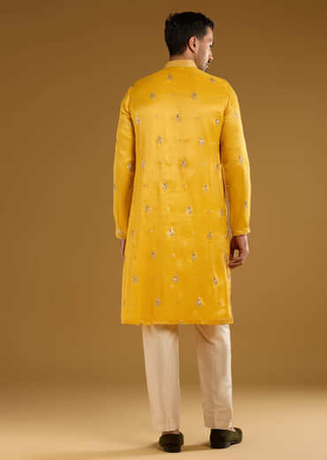 Yellow Tissue Kurta Set For Men With Zari And Sequins Work