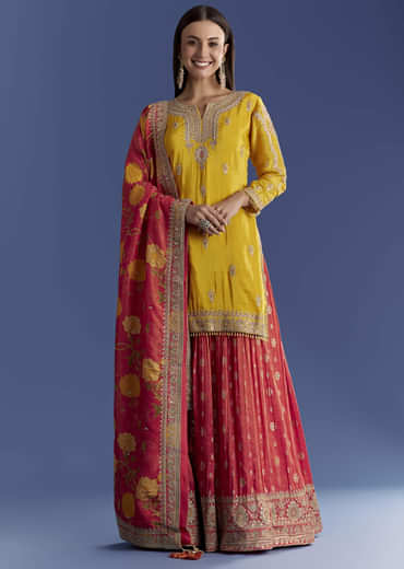 Yellow Tissue Kurta Set With Zari Palazzo And Floral Dupatta