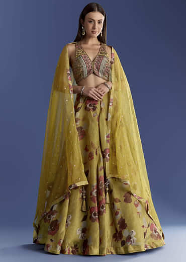 Yellow Tissue Lehenga Set With Zardosi Choli And Sequins Dupatta