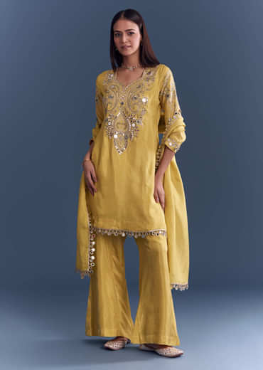 Yellow Tissue Palazzo Suit With Mirror And Zari Work Embroidery