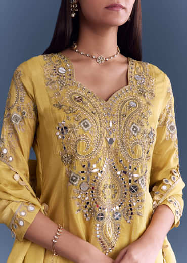 Yellow Tissue Palazzo Suit With Mirror And Zari Work Embroidery