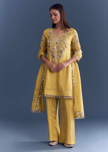 Yellow Tissue Palazzo Suit With Mirror And Zari Work Embroidery