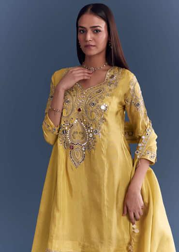 Yellow Tissue Palazzo Suit With Mirror And Zari Work Embroidery