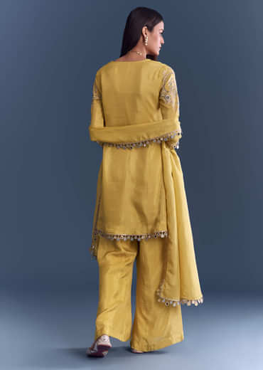 Yellow Tissue Palazzo Suit With Mirror And Zari Work Embroidery