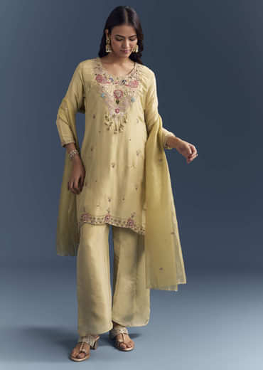Light Yellow Tissue Palazzo Suit With Zardosi Work