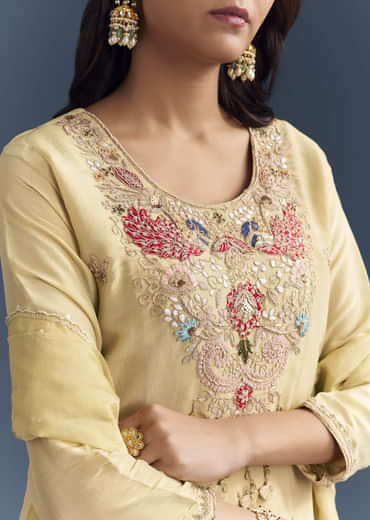 Light Yellow Tissue Palazzo Suit With Zardosi Work