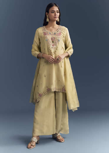 Light Yellow Tissue Palazzo Suit With Zardosi Work