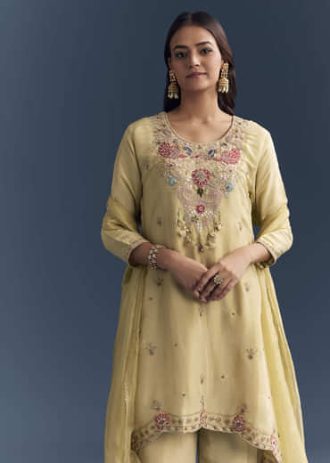 Light Yellow Tissue Palazzo Suit With Zardosi Work