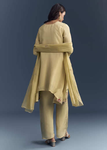 Light Yellow Tissue Palazzo Suit With Zardosi Work