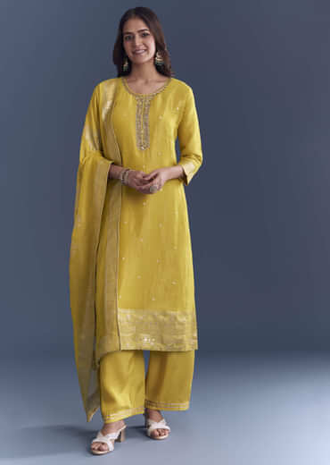Yellow Tissue Palazzo Suit With Zardosi Embroidery